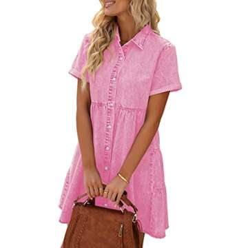 LookbookStore Pink Dresses for Women Valentines Day Pink Dress 2024 Summer Short Jean Dress Casual Short Sleeves Babydoll Denim Dress for Women Size S