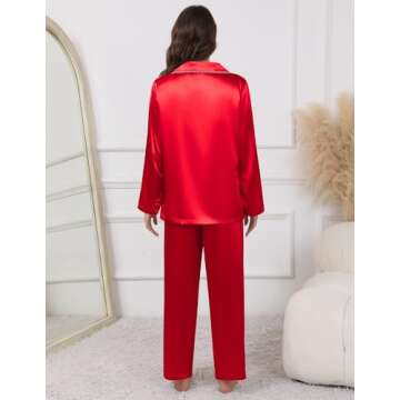Ekouaer Pajamas For Women Set Silk Pjs 2 Piece Satin Sleepwear Long Sleeve Button Down Lounge Sets With Pant Christmas Red L