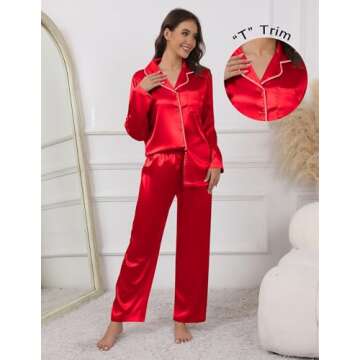 Ekouaer Pajamas For Women Set Silk Pjs 2 Piece Satin Sleepwear Long Sleeve Button Down Lounge Sets With Pant Christmas Red L