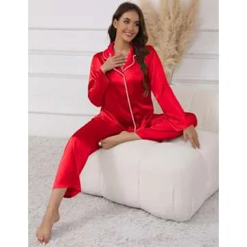 Ekouaer Pajamas For Women Set Silk Pjs 2 Piece Satin Sleepwear Long Sleeve Button Down Lounge Sets With Pant Christmas Red L