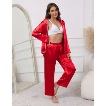 Ekouaer Pajamas For Women Set Silk Pjs 2 Piece Satin Sleepwear Long Sleeve Button Down Lounge Sets With Pant Christmas Red L