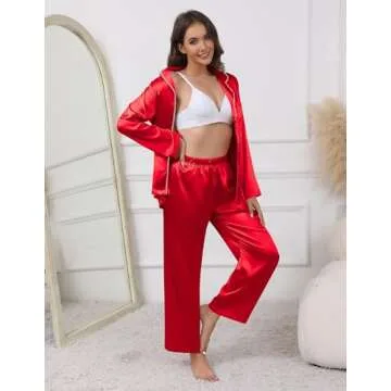 Ekouaer Pajamas For Women Set Silk Pjs 2 Piece Satin Sleepwear Long Sleeve Button Down Lounge Sets With Pant Christmas Red L