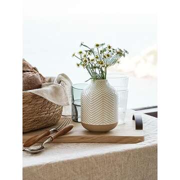 Small Boho Vase for Decor,Rustic Farmhouse Vase for Pampas Grass,Eucalyptus Set and Tiny Stem Flowers,Ceramic Vases for Centerpieces, 5.3 Inch Vintage Vase,Wave-Arctic White