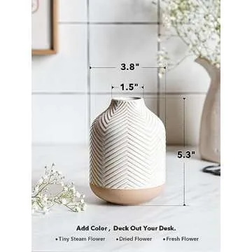 Small Boho Vase for Decor,Rustic Farmhouse Vase for Pampas Grass,Eucalyptus Set and Tiny Stem Flowers,Ceramic Vases for Centerpieces, 5.3 Inch Vintage Vase,Wave-Arctic White