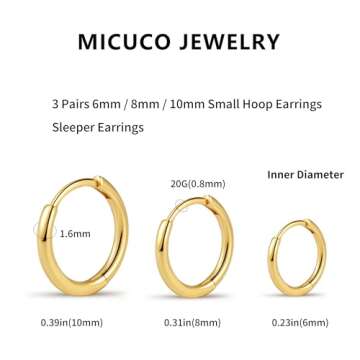 micuco Small Hoop Earrings for Women Tiny Cartilage Hoop Earrings for Men Helix Daith Tragus Ear Hugging Hoop Earrings 14K Gold Plated 6mm 8mm 10mm