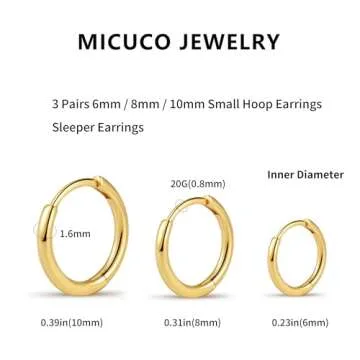 micuco Small Hoop Earrings for Women Tiny Cartilage Hoop Earrings for Men Helix Daith Tragus Ear Hugging Hoop Earrings 14K Gold Plated 6mm 8mm 10mm