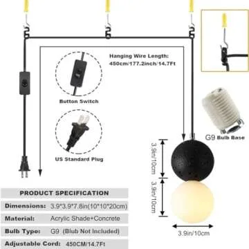 SIMEESO Black Concrete Pendant Light Plug in Modern Cement Pendant Light Hanging Globe Round Stone Pendant Lamp Industrial Light fixtures for Kitchen Island Living Room Dining Room,G9