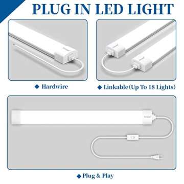 Airand Utility LED Shop Light Fixture 2FT 4FT with Plug, Linkable LED Tube Light 5000K Under Cabinet Lighting,1800 LM LED Ceiling and Closet Light 18W, Corded Electric with ON/Off Switch