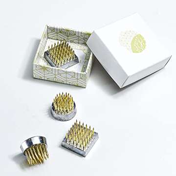 Wazakura 4PCS Mini Ikebana Kenzan Japanese Flower Holder, Made in Japan, Floral Arranging Pin Frog, Round Square - 1"(24mm) Brass