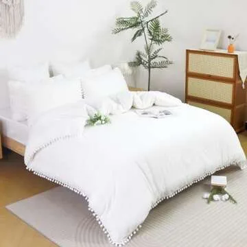 Softta White Bedding Set Twin XL Duvet Cover Pom Pom Ruffle Girls Duvet Covers Baby Teen 3 Pcs Vintage Farmhouse Boho Quilt Cover Bohemian 100% Washed Cotton Solid Color