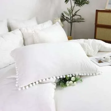 Softta White Bedding Set Twin XL Duvet Cover Pom Pom Ruffle Girls Duvet Covers Baby Teen 3 Pcs Vintage Farmhouse Boho Quilt Cover Bohemian 100% Washed Cotton Solid Color