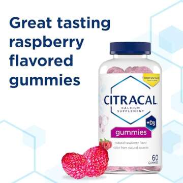Citracal Calcium Supplement Gummies, Chewable Calcium with Vitamin D3, Supports Bone Health, Calcium Chews for Ages 12+, Natural Raspberry Flavor, 60 Count