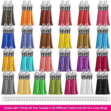 PAXCOO Tassels for Jewelry Making, 50pcs Leather Tassel Keychain Charms Bulk with 50pcs Jump Rings for Bracelets, Acrylic Key Chain Blanks and Craft Supplies