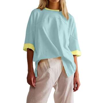TERIVEEK Women Oversized Color Block Short Sleeve T Shirt Crewneck Patchwork Split Hem Shirt Casual ...