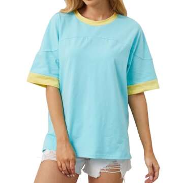 TERIVEEK Women Oversized Color Block Short Sleeve T Shirt Crewneck Patchwork Split Hem Shirt Casual Loose Y2K Summer Tee Top Light Blue