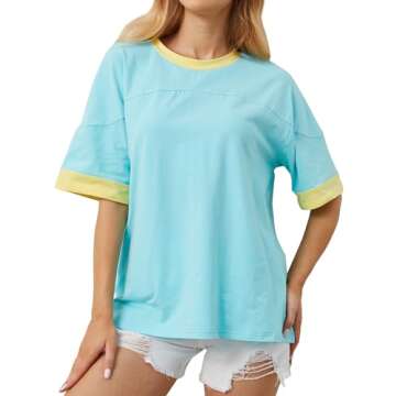 TERIVEEK Women Oversized Color Block Short Sleeve T Shirt Crewneck Patchwork Split Hem Shirt Casual Loose Y2K Summer Tee Top Light Blue