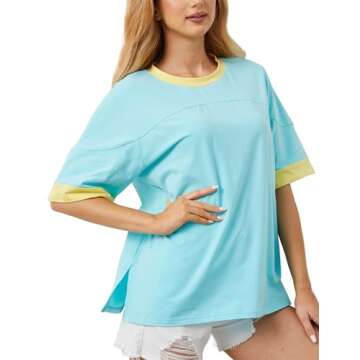 TERIVEEK Women Oversized Color Block Short Sleeve T Shirt Crewneck Patchwork Split Hem Shirt Casual Loose Y2K Summer Tee Top Light Blue
