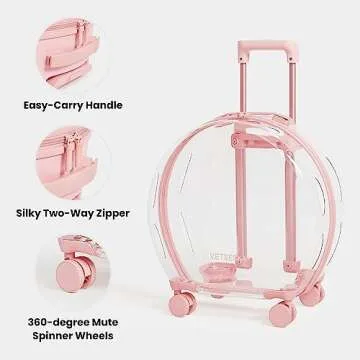 VETRESKA Pet Carrier with 2 Mats, Pink Pet Transport Luggage with Wheels and Telescopic Handle, Pet Travel Carrier for Small & Medium Dogs/Cats
