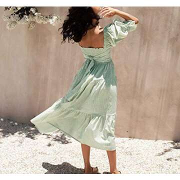 R.Vivimos Women's Summer Cotton Plaid Puff Sleeves Bow Casual Off-Shoulder Boho Midi Dress (Small,Green)