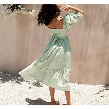 R.Vivimos Women's Summer Cotton Plaid Puff Sleeves Bow Casual Off-Shoulder Boho Midi Dress (Small,Green)