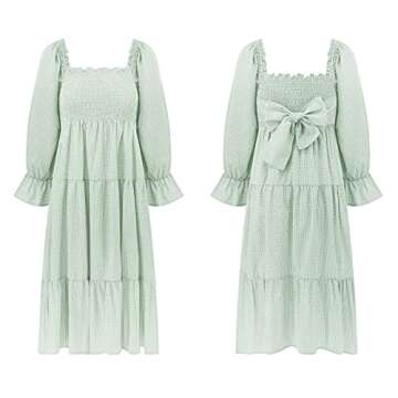 R.Vivimos Women's Summer Cotton Plaid Puff Sleeves Bow Casual Off-Shoulder Boho Midi Dress (Small,Green)