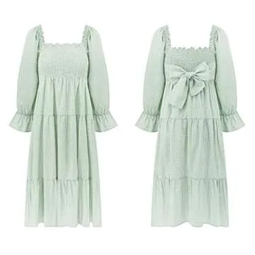 R.Vivimos Women's Summer Cotton Plaid Puff Sleeves Bow Casual Off-Shoulder Boho Midi Dress (Small,Green)