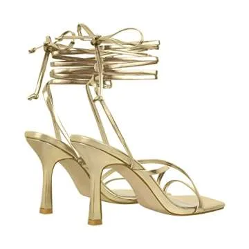 LISHAN Women's Square Toe Stiletto High Heels Strappy Lace Up Sandals Ankle Strap Gladiator Slingback Backless Open Toe Party Prom Dressy Shoes Gold Size 6