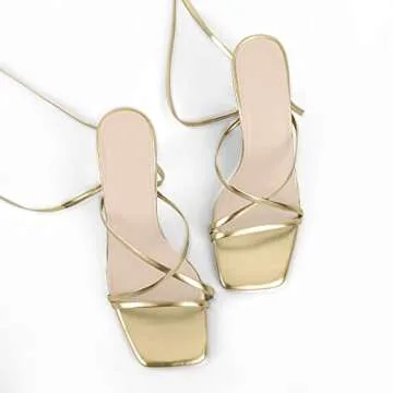 LISHAN Women's Square Toe Stiletto High Heels Strappy Lace Up Sandals Ankle Strap Gladiator Slingback Backless Open Toe Party Prom Dressy Shoes Gold Size 6