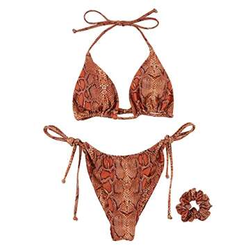 MOSHENGQI Women Sexy Brazilian Bikini 2 Piece Spaghetti Strap Top Thong Swimsuit Bathing Suit(Medium,Brown Snake-print)
