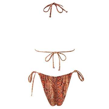 MOSHENGQI Women Sexy Brazilian Bikini 2 Piece Spaghetti Strap Top Thong Swimsuit Bathing Suit(Medium,Brown Snake-print)