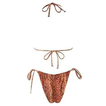 MOSHENGQI Women Sexy Brazilian Bikini 2 Piece Spaghetti Strap Top Thong Swimsuit Bathing Suit(Medium,Brown Snake-print)