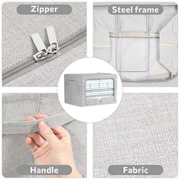 2 Pack Clothes Storage Bins Foldable Metal Frame Storage Box Stackable Linen Fabric Box Organizer Set with Carrying Handles and Clear Window (Light Gray, 19.7x 15.7x 12.5 Inch)