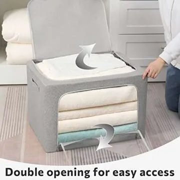 2 Pack Clothes Storage Bins Foldable Metal Frame Storage Box Stackable Linen Fabric Box Organizer Set with Carrying Handles and Clear Window (Light Gray, 19.7x 15.7x 12.5 Inch)