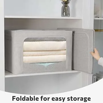 2 Pack Clothes Storage Bins Foldable Metal Frame Storage Box Stackable Linen Fabric Box Organizer Set with Carrying Handles and Clear Window (Light Gray, 19.7x 15.7x 12.5 Inch)