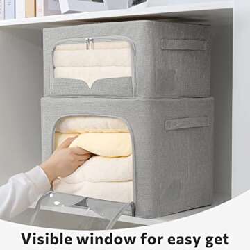 2 Pack Clothes Storage Bins Foldable Metal Frame Storage Box Stackable Linen Fabric Box Organizer Set with Carrying Handles and Clear Window (Light Gray, 19.7x 15.7x 12.5 Inch)