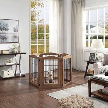 unipaws 132" Extra Wide Dog Gate and Pet Playpen, Free Standing Tall Dog Fence with Walk Through Door, Dog Barriers for Home, Use as Indoor Dogs Cats Pen, Rabbit Pen, Walnut