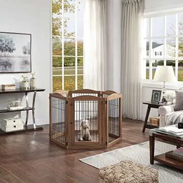unipaws 132" Extra Wide Dog Gate and Pet Playpen, Free Standing Tall Dog Fence with Walk Through Door, Dog Barriers for Home, Use as Indoor Dogs Cats Pen, Rabbit Pen, Walnut