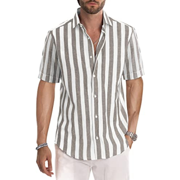 JMIERR Men's Casual Stylish Short Sleeve Button-Up Striped Dress Shirt for Summer