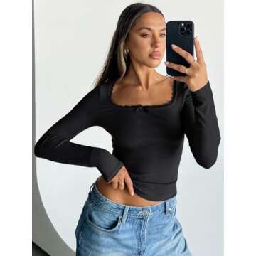 Trendy Queen Womens Long Sleeve Shirts Crop Square Neck Ribbed Tops Basic Slim Fit Y2K Fall Winter Clothes Outfits 2025 Black S