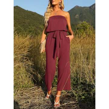 ZESICA Women's Casual Off Shoulder Solid Color Strapless Belted Wide Leg Jumpsuit Romper,Wine,Medium