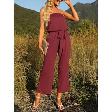 ZESICA Women's Casual Off Shoulder Solid Color Strapless Belted Wide Leg Jumpsuit Romper,Wine,Medium