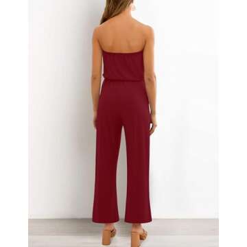ZESICA Women's Casual Off Shoulder Solid Color Strapless Belted Wide Leg Jumpsuit Romper,Wine,Medium