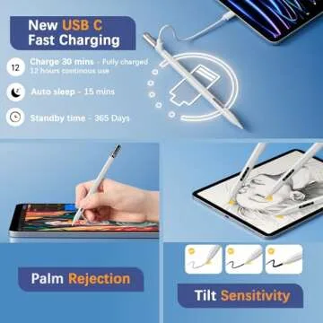 HOU Pencil for iPad Air 13/11 2024, Quick Undo & Eraser, Hidden Charging Port, Compatible with iPad 10/9/8/7/6, Air 13''/11''/5/4/3, Pro 11''/12.9'' 6/5/4/3, Mini 6/5[2 Tip Replace][Tilt Sensitivity]