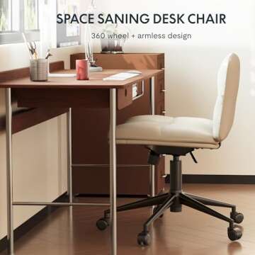 FLEXISPOT Cross Legged Office Chair Armless Desk Chair Comfy Wide Seat Criss Cross Chair with Wheels Vanity Chair for Living Room Bedroom Study Room(White Light Beige)
