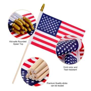 12 pcs 4x6 Inch American Flags on Sticks, Mini Handheld US Flags Stick with Solid Wooden Pole Safety...