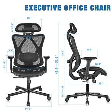 SUNNOW Ergonomic Office Chair, Mesh Computer Desk Chair with Adjustable Lumbar Support, Armrest, Headrest - High Back Executive Task Chair for Office, Home, Gaming
