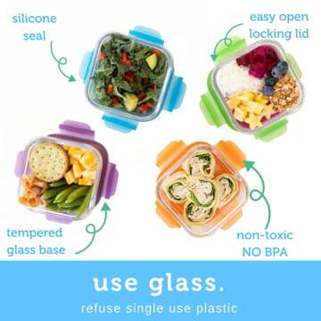 Wean Green Lunch Cubes Glass Food Storage Garden Pack - Pack of Four (4), 16 oz square containers Blue, Orange, Green, Grape