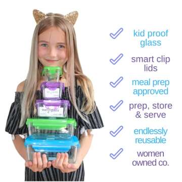 Wean Green Lunch Cubes Glass Food Storage Garden Pack - Pack of Four (4), 16 oz square containers Blue, Orange, Green, Grape