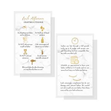 Lash Extension Aftercare Instructions Cards | 50 Pack | Double Sided Size 3.5 x 2" inches After Care (2-3 Week Fillers) | Marble Look with Gold Icons Design