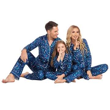 Ekouaer Christmas Family Matching Pajamas Long Sleeve Button Down Pj Set Festival Party Sleepwear,Navy Blue,Women,M